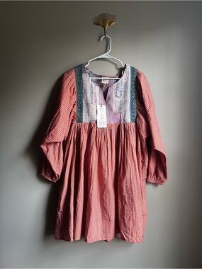 Cost Plus World Market Coral Patterned Smocked Yoke Dress - Kantha Stitched S/M